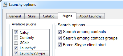 Launchy options dialog, plugins tab